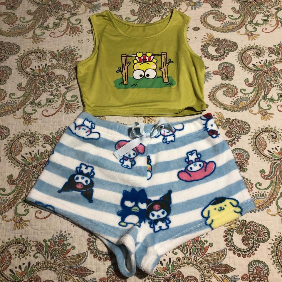 Fuzzy Striped Shorts And Crop Top With Cute Kuroppi And Sanrio Characters